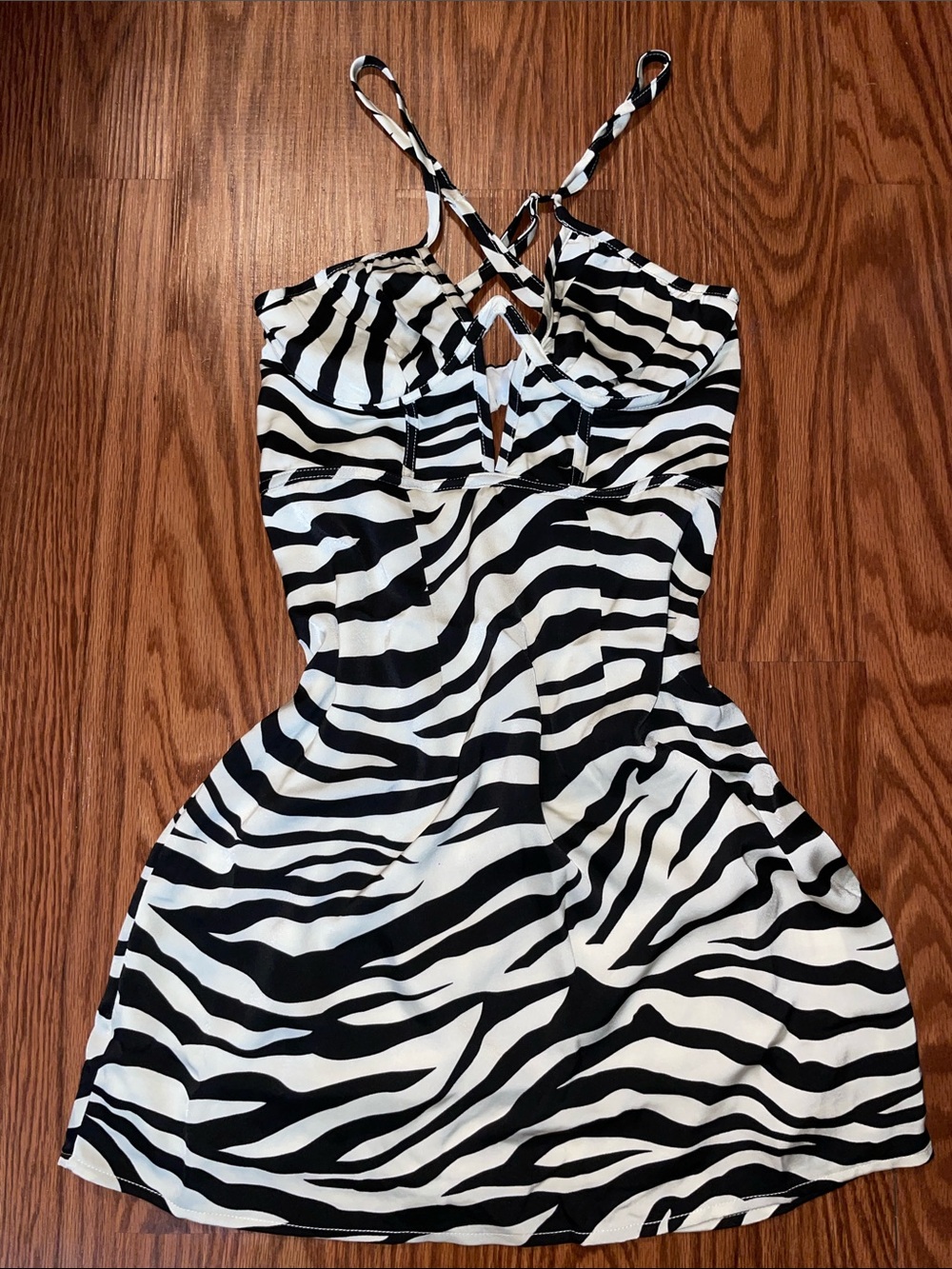 Black & White Zebra-Print Mini Dress with Crisscross Straps